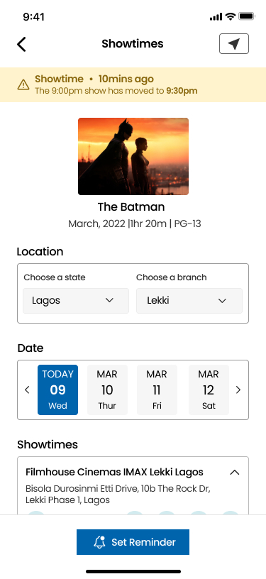 Showtimes screen with amber alert banner